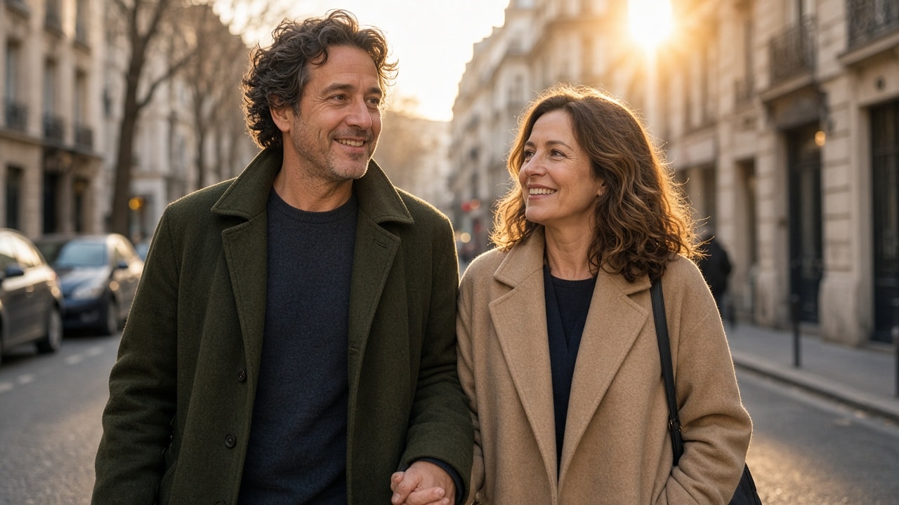 Una pareja adulta caminando y conversando en la ciudad