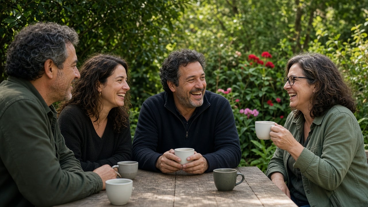 Personas adultas conversando con calma al aire libre