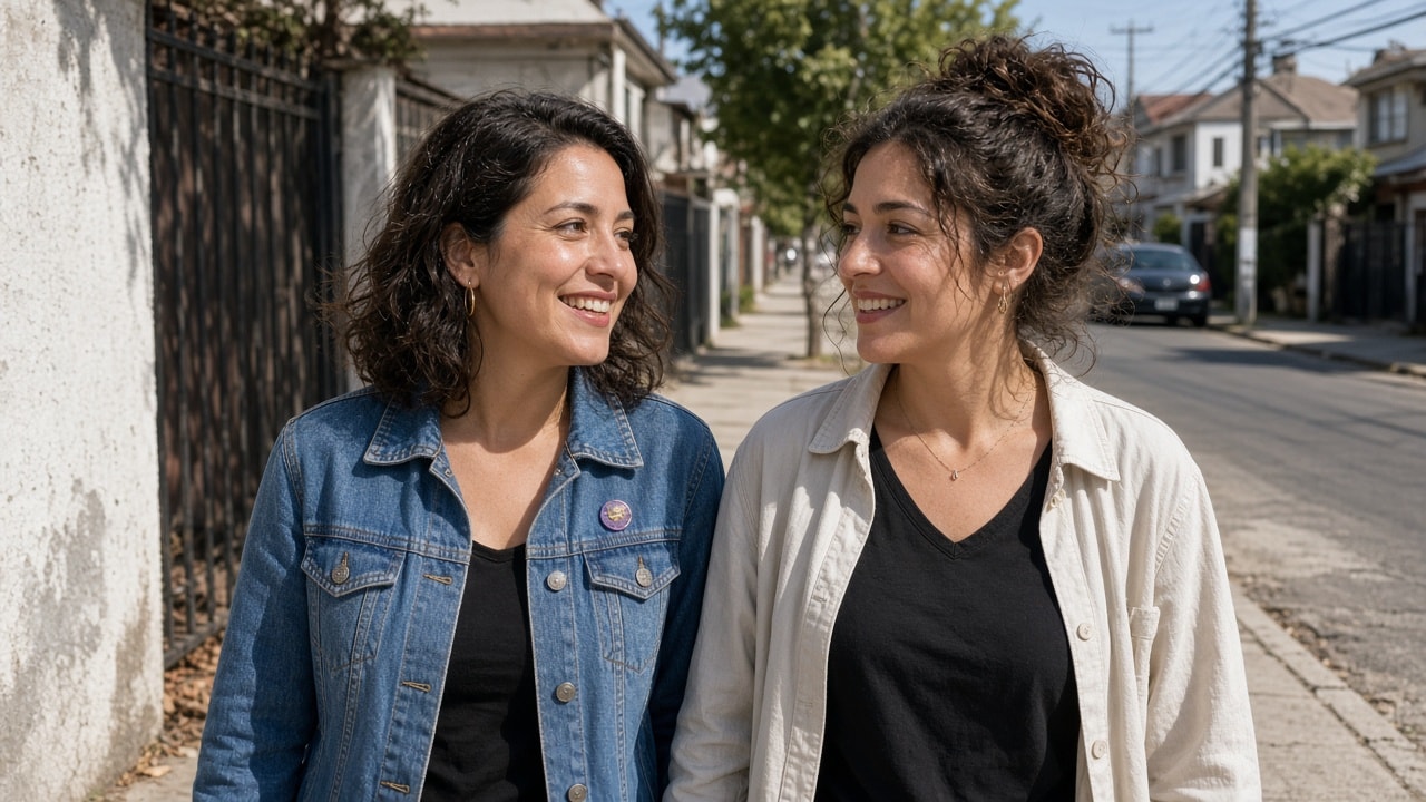 Dos mujeres adultas caminando juntas por el barrio