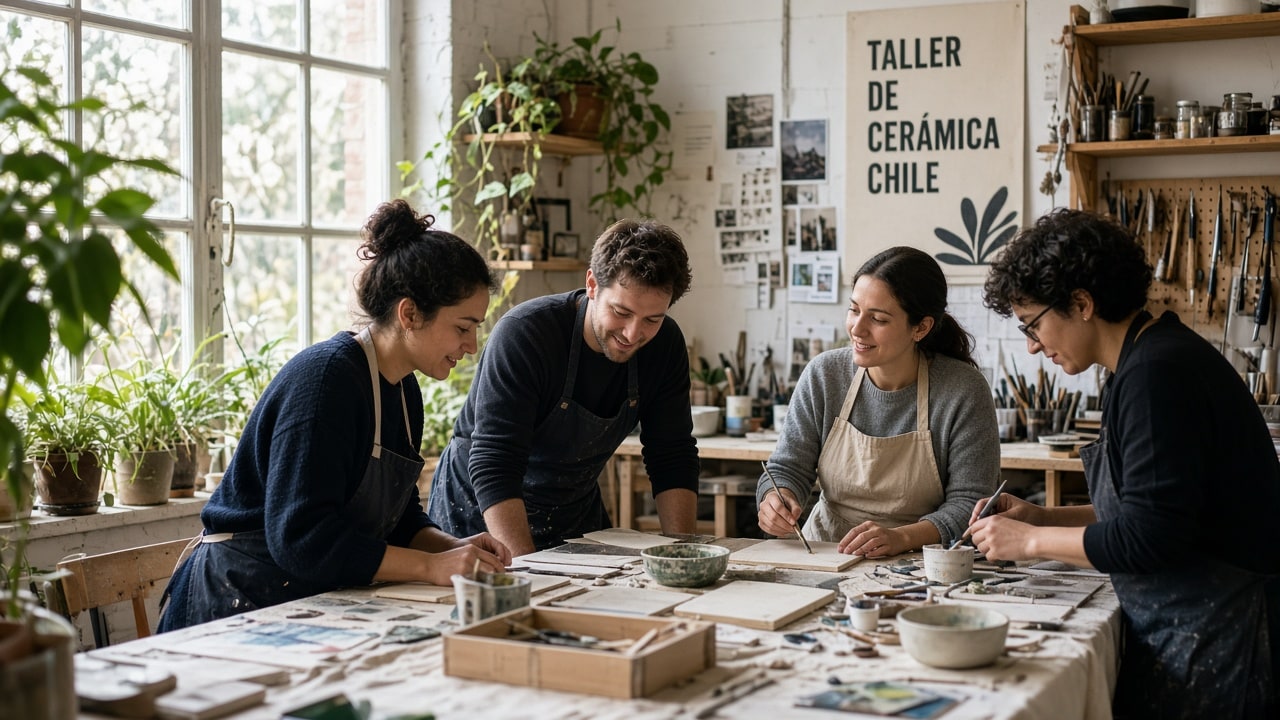 Adultos compartiendo un taller creativo, de cuerpo entero