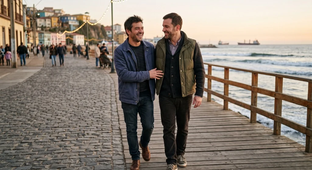 Dos hombres adultos conversando con cercanía junto al mar