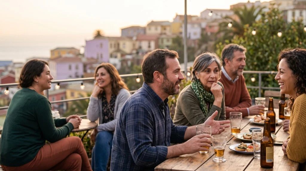 Un grupo diverso compartiendo una terraza al atardecer